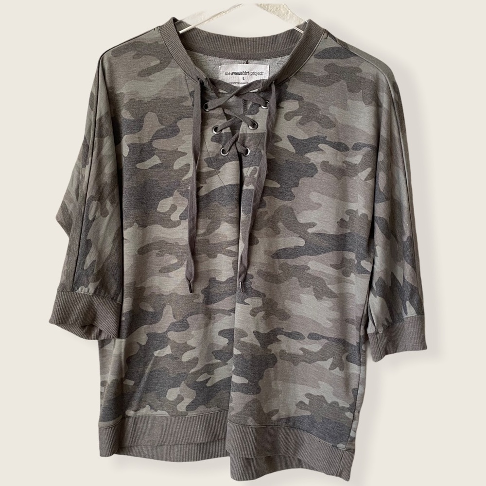Camo 3/4 Sleeved Oversized Comfy Shirt Tie Neck L
